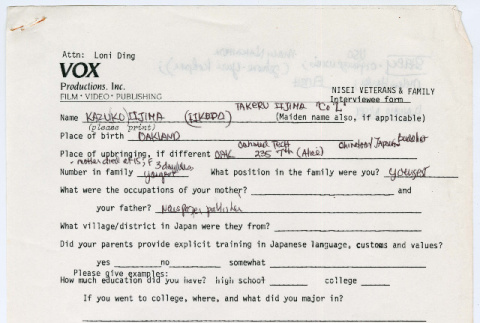 Kazuko Ijima interview forms (ddr-densho-1007-918)