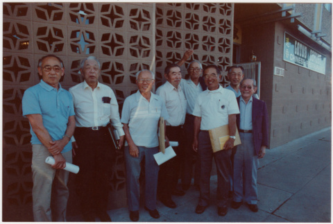 Group of men outside Bamboo Garden Restaurant (ddr-densho-122-596)