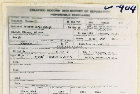 Enlisted record and honorable discharge for Thomas Takasugi (ddr-densho-37-1873)
