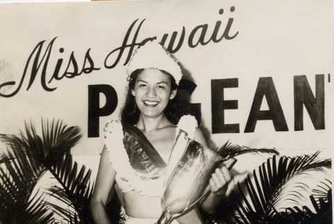 Miss Hawaii posing with trophy (ddr-njpa-2-845)