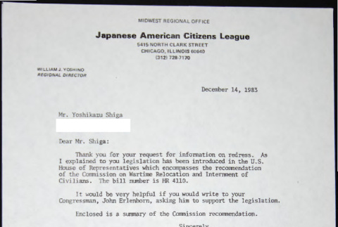 Letter to Yoshikazu Shiga from William Yoshino (ddr-chijacl-1-735)
