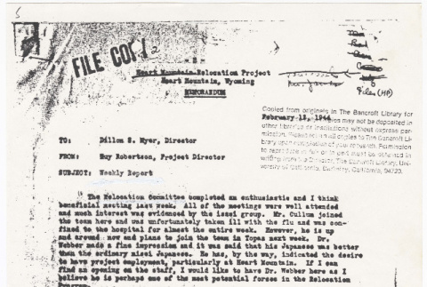 Copies of Weekly reports from Guy Robertson to Dillon Myer (ddr-densho-122-855)