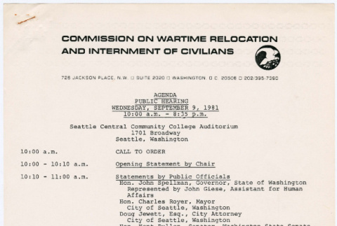 Agenda for Commission on Wartime Relocation and Internment of Civilians (CWRIC) hearings in Seattle (ddr-densho-122-285)