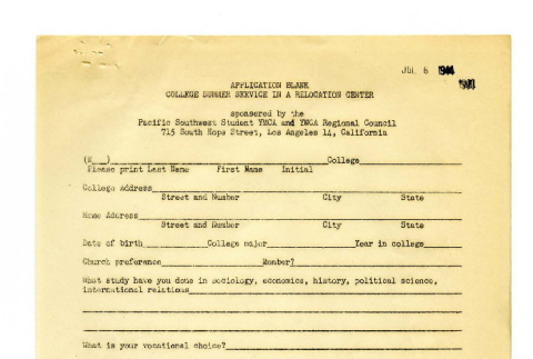 Application for College Summer Service in a Relocation Center (ddr-csujad-18-12)