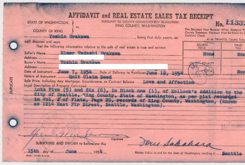 Affidavit and Real Estate Sales Tax Receipt (ddr-densho-474-102)