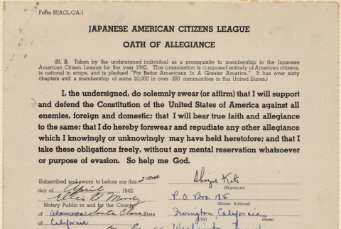 JACL Oath of Allegiance for Shizue Kato (ddr-ajah-7-76)