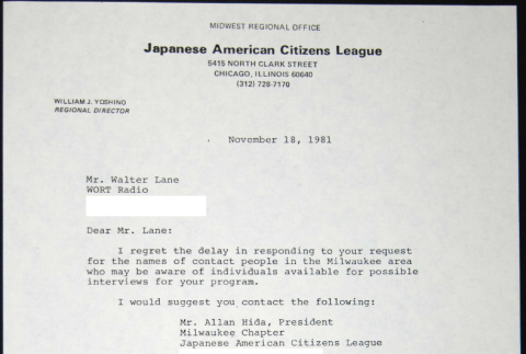 Letter to Walter Lane from WORT Radio from William Yoshino (ddr-chijacl-1-521)