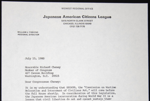 Letter to Richard Cheney from William Yoshino (ddr-chijacl-1-306)