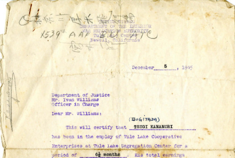 Letter from R. R. Best, Project Director, and Lionel Perkins, Business Enterprises Adviser United States Department of the Interior War Relocation Authority to Mr. Ivan Williams Department of Justice, December 5, 1945 (ddr-csujad-12-24)