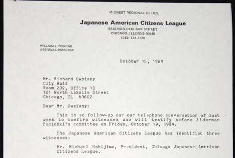 Letter to Richard Owsiany from William Yoshino (ddr-chijacl-1-702)