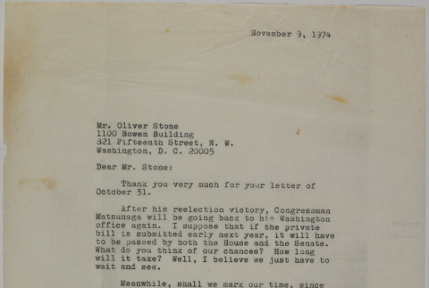 Letter from Lawrence Miwa to Oliver Ellis Stone concerning claim for James Seigo Maw's confiscated property (ddr-densho-437-158)