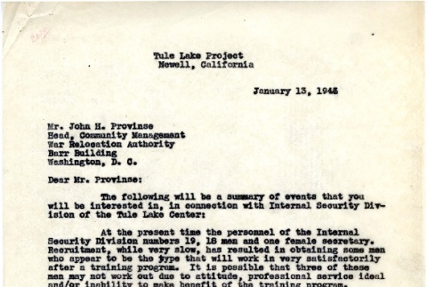 Letter from W. [Willard] E. Schmidt, Head, Internal Security to John H. Provinse, Head, Community Management, War Relocation Authority, January 13, 1943 (ddr-csujad-2-80)