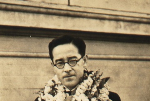 Takuaki Matsumoto, a Japanese University of Bonn professor wearing leis (ddr-njpa-4-855)