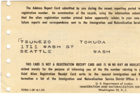 Address Report Card with Alien Registration number (ddr-densho-383-490)
