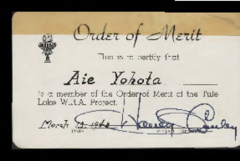 Order of Merit of the Tule Lake W.R.A. Project membership card (ddr-csujad-55-215)