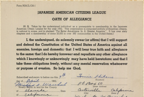 JACL Oath of Allegiance for Tomie Shikano (ddr-ajah-7-127)