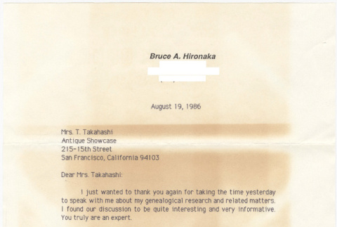 Letter from Bruce Hiranaka to Tomoye Takahashi (ddr-densho-422-274)