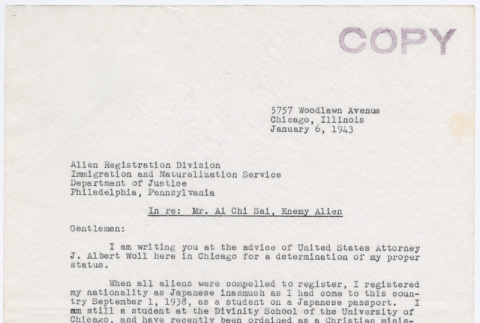 Letter from Ai Chih Tsai to Alien Registration Division (ddr-densho-446-81)