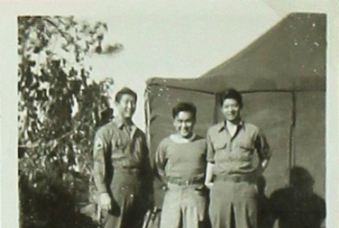 Three soldiers standing outside tent (ddr-densho-201-370)