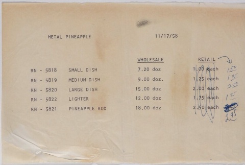 Price list for Metal Pineapple (ddr-densho-424-416)