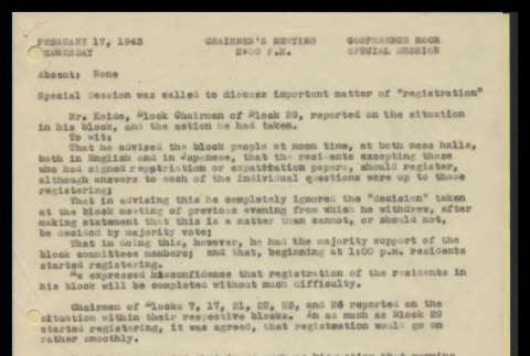 Minutes from the Heart Mountain Block Chairmen meeting, special session, February 17, 1943 (ddr-csujad-55-423)