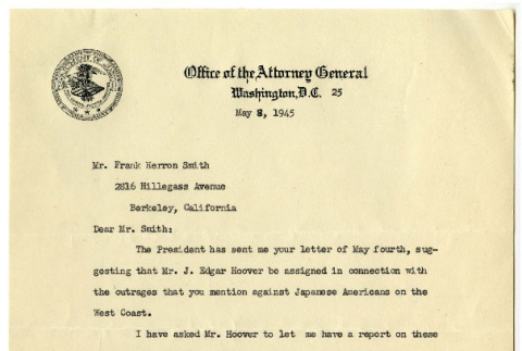 Letter from Francis Biddle, Attorney General of the United States, to Frank Herron Smith, May 8, 1945 (ddr-csujad-21-4)