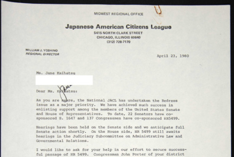 Letter to Jane Kaihatsu from William Yoshino (ddr-chijacl-1-501)