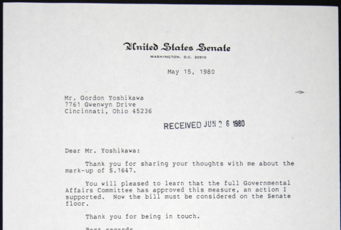 Letter to Gordon Yoshikawa from John Glenn (ddr-chijacl-1-349)