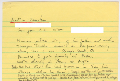 Walter Tanaka notes (ddr-densho-1007-990)