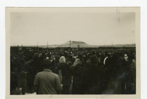 Large crowd outside barracks at Tule Lake (ddr-csujad-44-56)