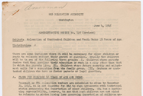 War Relocation Authority notice on the relocation of unattached children and youth (ddr-densho-381-28)