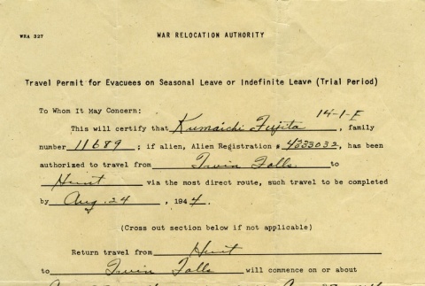 Travel Permit for Evacuees on Seasonal Leave or Indefinite Leave (Trial Period) (ddr-densho-203-40)