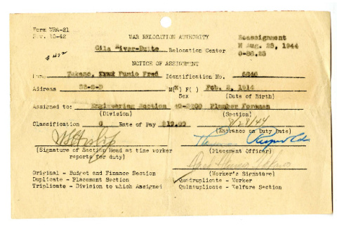 Notice of assignment, Form WRA-21, Fumio Fred Takano (ddr-csujad-42-106)
