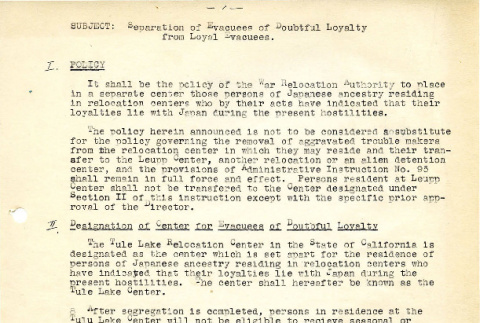 Subject: separation of evacuees of doubtful loyalty from loyal evacuees [policy memo by Dillon S. Myer] (ddr-csujad-19-1)