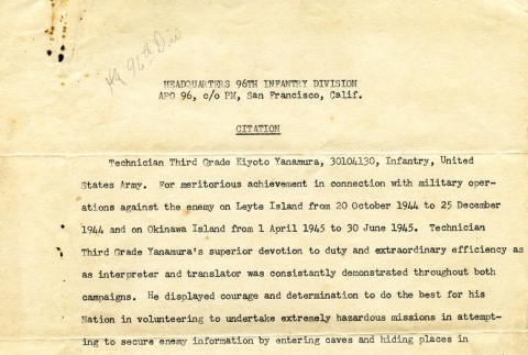 Herbert K. Yanamura's citation for meritorious achievement with the 96th Infantry Division (ddr-densho-22-141)
