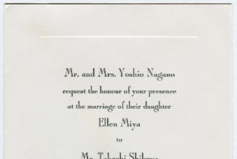 Wedding invitation sent to Kan Domoto for the wedding of Ellen Miya Nagano and Takeshi Shibuya (ddr-densho-329-198)