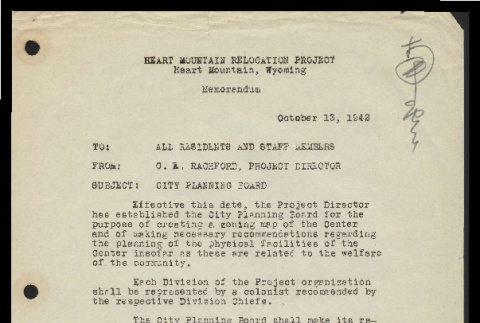 Memo from C.E. Rachford, Project Director, Heart Mountain Relocation Project, to all residents and staff members, October 13, 1942 (ddr-csujad-55-767)