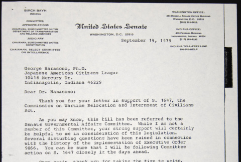 Letter to George Hanasono from Birch Bayh (ddr-chijacl-1-402)
