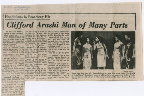 Article from Honolulu Sunday Advertiser title:  Honolulans in Broadway Hit (ddr-densho-367-225)