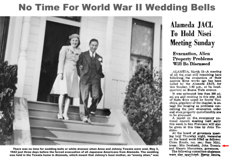 Photo of the wartime wedding of Anna and Johnny Towata and clipping related to evacuation and alien property (ddr-ajah-6-52)