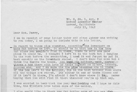 Letter from Kazuo Ito to Lea Perry, July 15, 1942 (ddr-csujad-56-12)