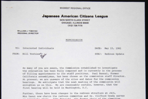 Memo to Interested Individuals from Bill Yoshino (ddr-chijacl-1-291)