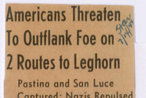 Clipping titled:  Americans Threaten To Outflank Foe on 2 Routes to Leghorn (ddr-densho-539-102)