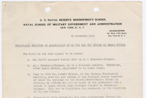 Memorandum from Lt. James T. Watkins IV, U.S. Naval Reserve, Military Government Research Unit 2 & Translation Unit (ddr-densho-446-92)