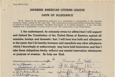 JACL Oath of Allegiance for Kameno T. Kato (ddr-ajah-7-75)
