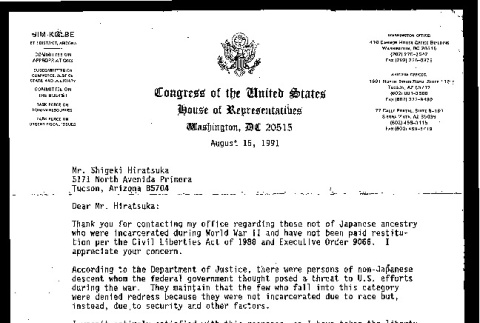 Letter from Jim Kolbe, Member of Congress, to Shigeki Hiratsuka, August 15, 1991 (ddr-csujad-55-2098)