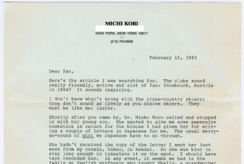 Letter from Michi Kobi to Kaneji Domoto (ddr-densho-329-1186)