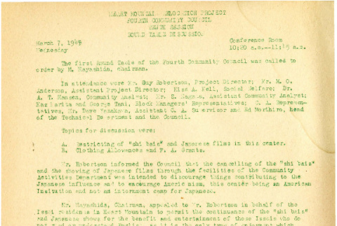 Heart Mountain Relocation Project Fourth Community Council, 10th session (March 7, 1945) (ddr-csujad-45-13)