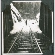 Man standing at entrance of train tunnel, taken from inside tunnel (ddr-ajah-2-315)