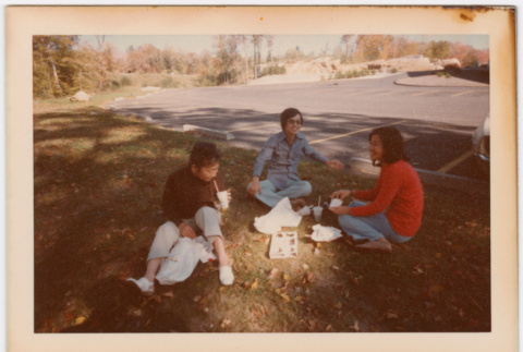 Three people on a picnic next to parking lot (ddr-densho-377-2187)